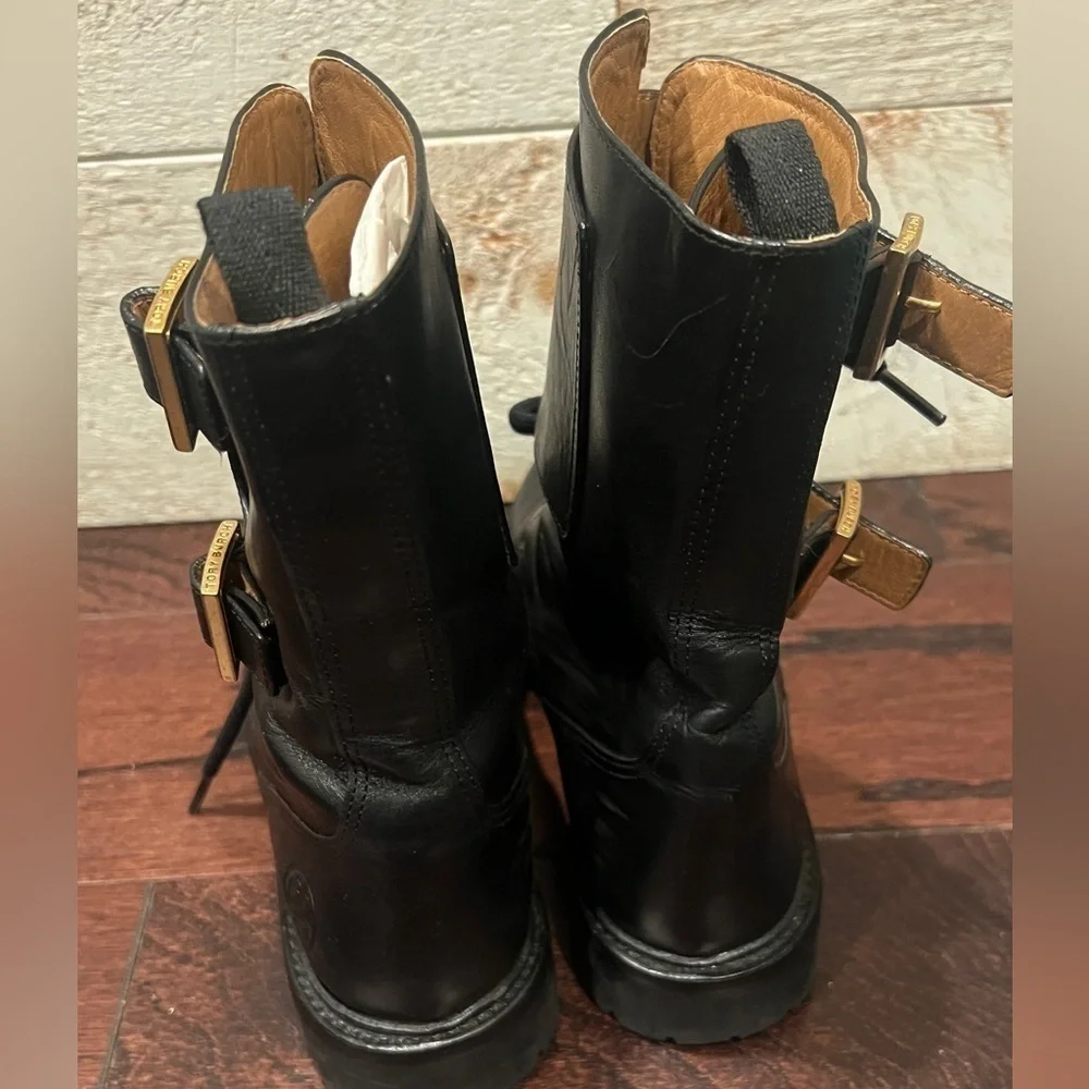 TORY BURCH Women’s Black Leather Gold Buckle Lukas Combat Boots Size 6.5